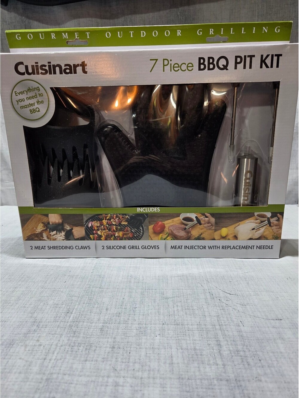 Cuisinart 7 Piece BBQ Pit Kit with Meat Shredding Claws, Silicone Grill Gloves,